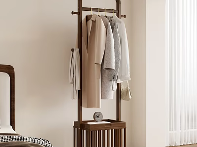 Stylish Modern Wooden Coat Rack in Bedroom with Hanging Clothes 3d model