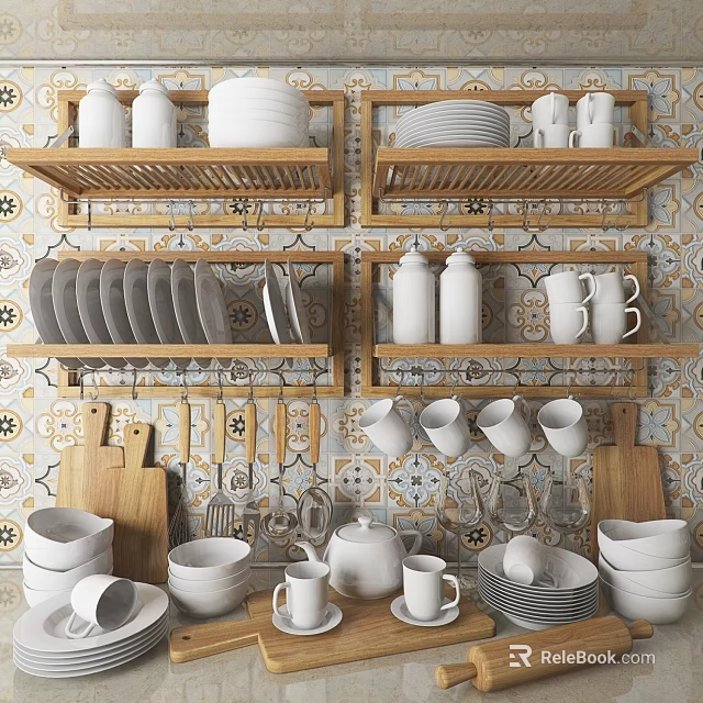 Ceramic Dinnerware Set With Plates Cups Bowls On Wooden Kitchen Wall Shelves 3d model 