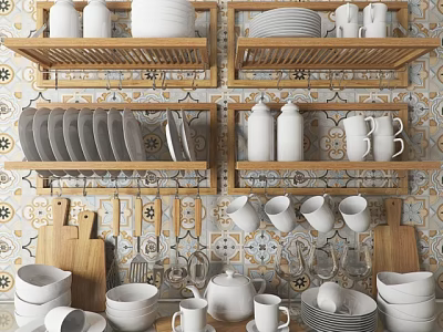 Ceramic Dinnerware Set With Plates Cups Bowls On Wooden Kitchen Wall Shelves 3d model
