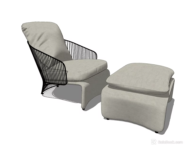 Comfortable Single Sofa with Black Metal Frame Light Gray Cushion and Ottoman 3d model