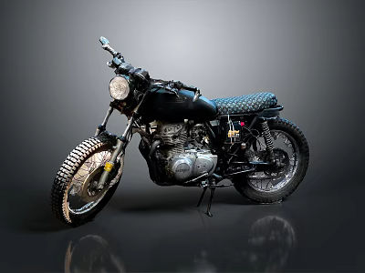 Black Vintage Motorcycle With Knobby Tires Textured Seat And Exposed Engine 3d model