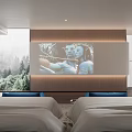 Modern Hotel Room Interior With Large Bed Blue Ottoman Wooden Floor Mirror And Wall Artwork