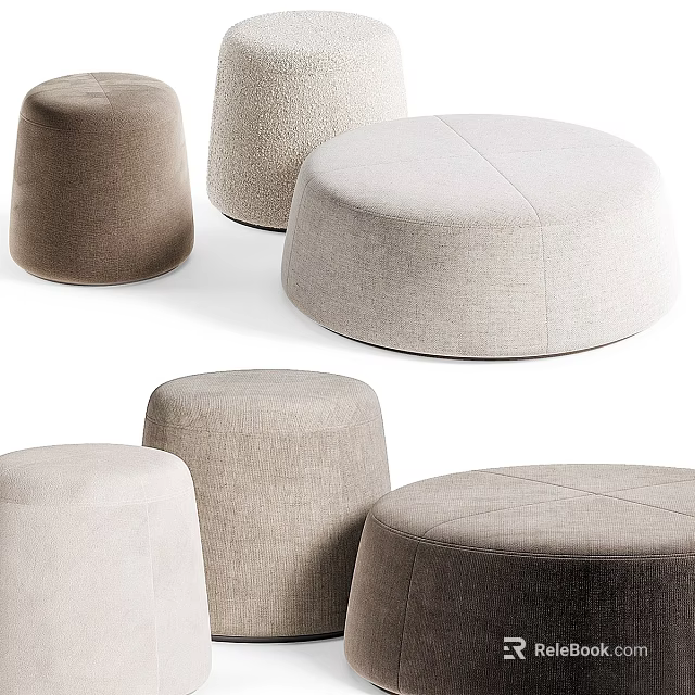 Various Round Upholstered Soft Fabric Ottomans in Neutral Beige Gray Brown Tones 3d model 