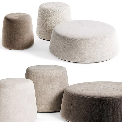 Various Round Upholstered Soft Fabric Ottomans in Neutral Beige Gray Brown Tones 3d model
