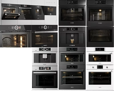 Modern Kitchen Appliances Showcasing Built In Ovens With Various Black And White Styles 3d model
