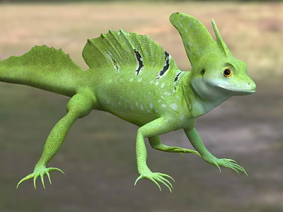 Green Reptile Lizard With Crested Head Yellow Eyes And Frilled Dorsal Back 3d model