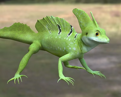 Green Reptile Lizard With Crested Head Yellow Eyes And Frilled Dorsal Back 3d model