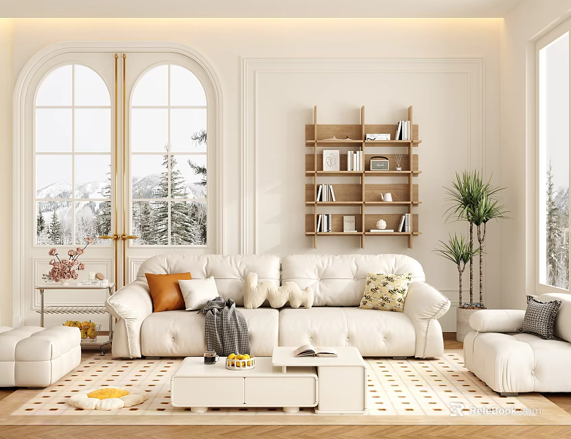 Modern Living Room Interior With White Sofa Arched Windows Plants And Wooden Bookshelf 3d model 