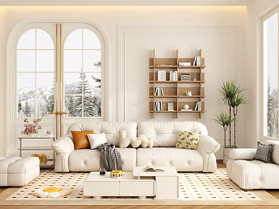 Modern Living Room Interior With White Sofa Arched Windows Plants And Wooden Bookshelf 3d model