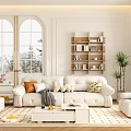 Modern Living Room Interior With White Sofa Arched Windows Plants And Wooden Bookshelf