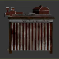 Red Toolbox Hammer And Red Device On Dark Worn Workbench With Wooden Slat Shelf