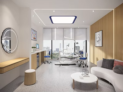Modern Dental Clinic Interior With Comfortable Sofa Medical Equipment And Natural Light 3d model