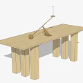 Minimalist Light Wood Dining Table With Brass Sculpture And Rectangular Design 3d model