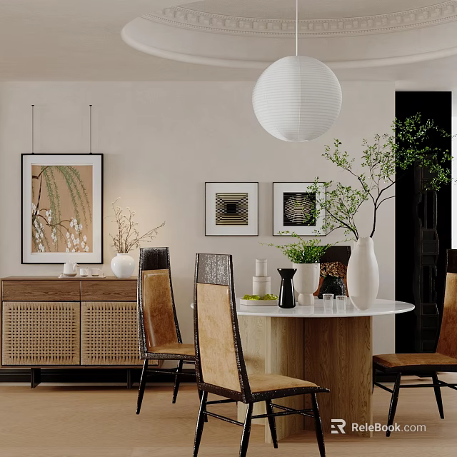 Modern Restaurant Interior Featuring Round Dining Table Rattan Cabinet Green Plant And Wall Art 3d model 