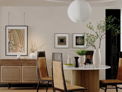 Modern Restaurant Interior Featuring Round Dining Table Rattan Cabinet Green Plant And Wall Art 3d model