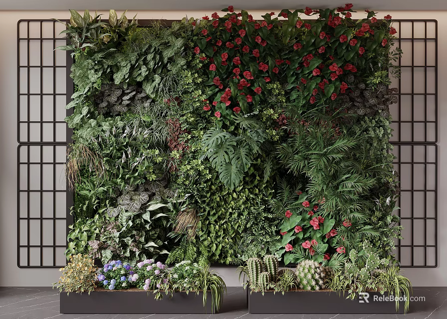 Living Green Plant Wall With Various Plants Red Flowers And Bottom Planters 3d model 