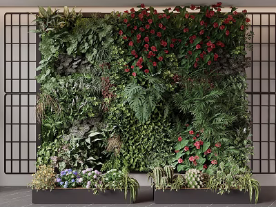 Living Green Plant Wall With Various Plants Red Flowers And Bottom Planters 3d model
