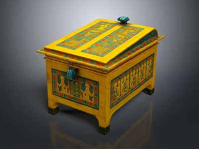 Decorative Chest with Yellow Base Colorful Patterns and Egyptian Style Carvings 3d model