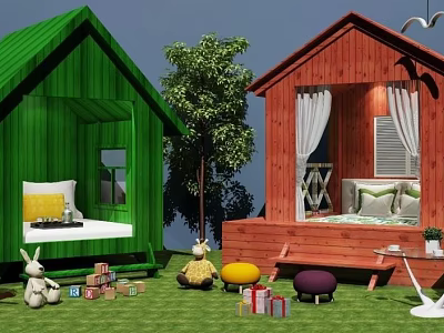 House shaped Children's Bed with Green Red Design Toys Gifts and Rabbit Dolls on Lawn 3d model