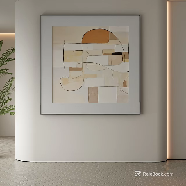 Abstract Painting With Geometric Shapes Beige Brown Tones On Light Wall Green Plant Minimalist Interior 3d model 
