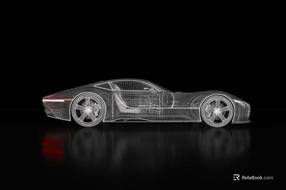 Sports Car Wireframe Model on Black Background with Reflection Effect 3d model 