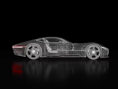 Sports Car Wireframe Model on Black Background with Reflection Effect 3d model