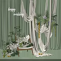 Floral Installation for Wedding with Green Backdrop White Drapery Yellow Fruits and Wooden Chair