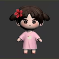 Cartoon Girl In Pink Dress With Green Pattern Brown Hair Pigtails Red Flower And Shoes