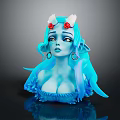 Blue Skin Game Movie Character With Red Decorated Horns Long Blue Hair Large Hoop Earrings