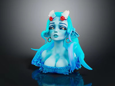 Blue Skin Game Movie Character With Red Decorated Horns Long Blue Hair Large Hoop Earrings 3d model