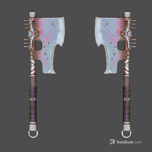 Twin Battle Axes With Metallic Blades Purple Wrapped Handles And Pink Blue Accents 3d model 
