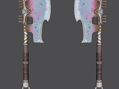 Twin Battle Axes With Metallic Blades Purple Wrapped Handles And Pink Blue Accents 3d model