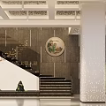 Hotel Lobby With Modern Chinese Style Decorative Pillar Hanging Lights Landscape Painting And Green Plant