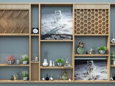 Wooden Shelf Unit With Decorative Wave Patterned Honeycomb Panels Succulents Vases Clock And Astronaut Decor 3d model