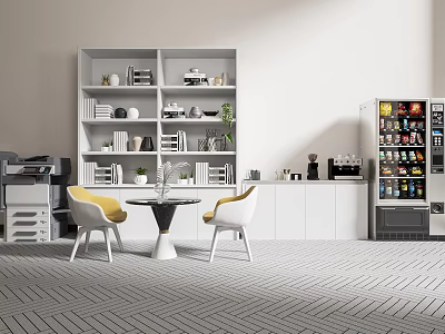 Modern Display Shelves with Books Decorative Items Green Plants in Office Lounge Area 3d model