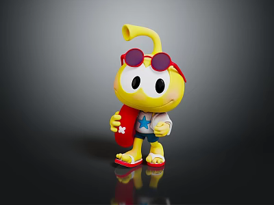 Animated Game Movie Character With Yellow Body Red Sunglasses Holding Red Surfboard Star Patterned Shirt 3d model