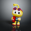 Animated Game Movie Character With Yellow Body Red Sunglasses Holding Red Surfboard Star Patterned Shirt