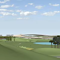 Park Landscape Design With Circular Structure Lake Green Spaces Hills and Trees