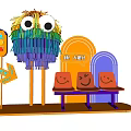 Colorful Themed Setup With Fuzzy Character Big Eyes Orange Smiling Seats Happy Sign And Popcorn