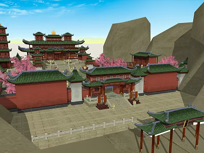 Ancient Chinese Architecture With Green Tiled Roofs Red Walls And Pink Cherry Blossoms 3d model