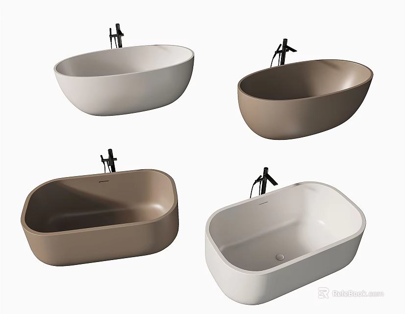 Modern Stylish Bathtubs In White And Brown Colors With Oval Shape And Faucet Fixtures 3d model 