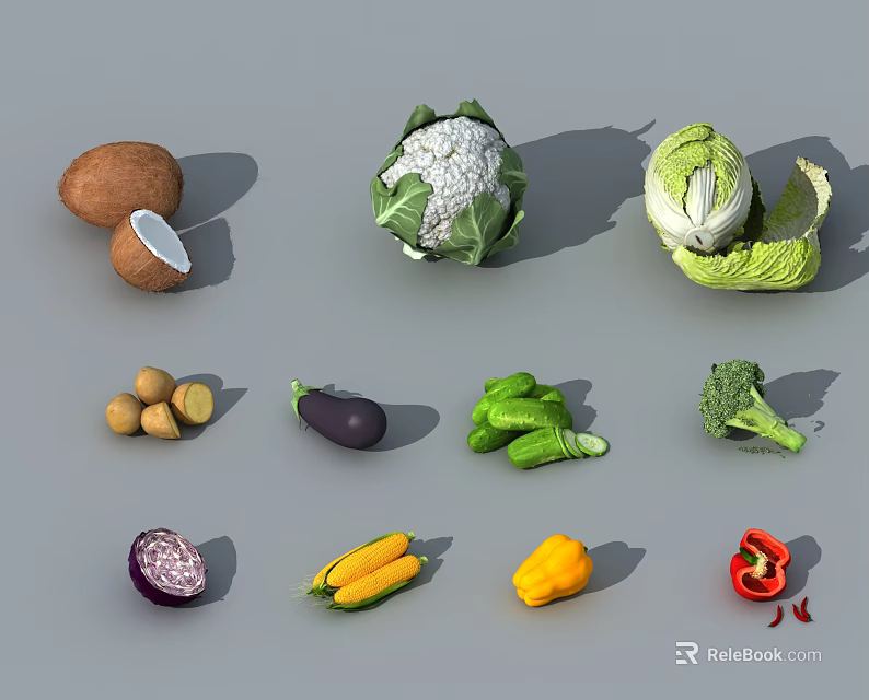 Assorted Fresh Vegetables Including Potatoes Cauliflower Cabbage Eggplant Broccoli Bell Peppers And Corn 3d model 
