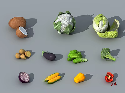 Assorted Fresh Vegetables Including Potatoes Cauliflower Cabbage Eggplant Broccoli Bell Peppers And Corn 3d model