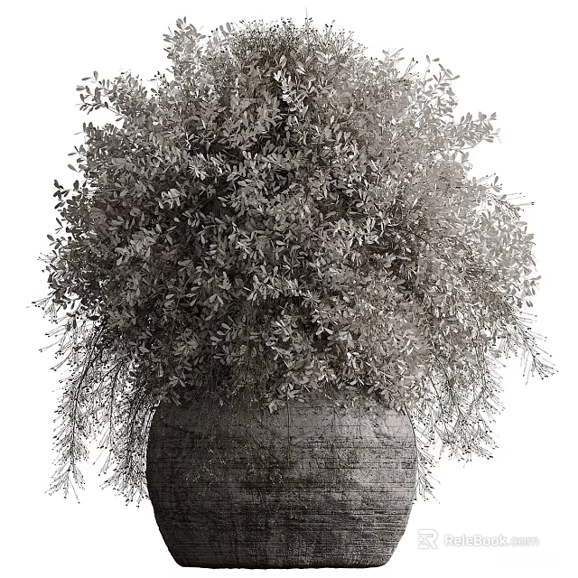 Rustic Textured Ceramic Vase Holding Lush Green Foliage and Hanging Branches 3d model 