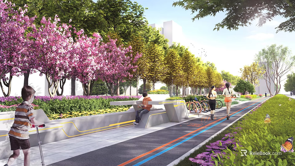 Scenic Urban Path With Pink Cherry Blossoms Colorful Bike Lanes And Greenery 3d model 