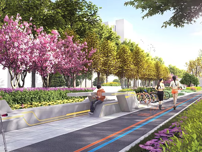 Scenic Urban Path With Pink Cherry Blossoms Colorful Bike Lanes And Greenery 3d model