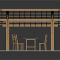 Wooden Pergola Outdoor Dining Structure With Table Chairs And Brick Floor