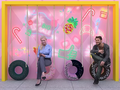 Interactive Zone With Pink Background Neon Pineapple Candy Cane Donut Seats And People 3d model