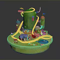 Green Playground Model With Yellow Slide Small Blue House Flags And Lawn Base