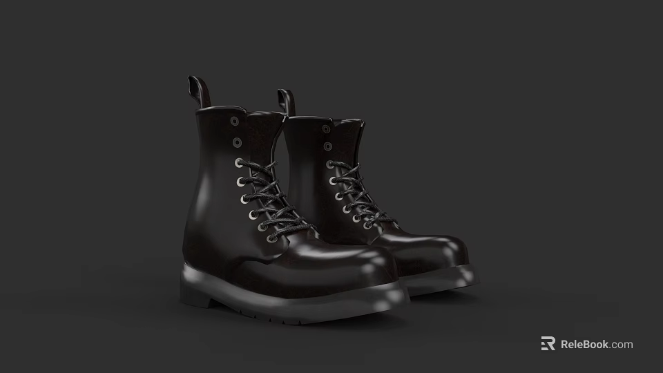 Fashionable Black Leather Ankle Boots With White Sole And Laces 3d model 